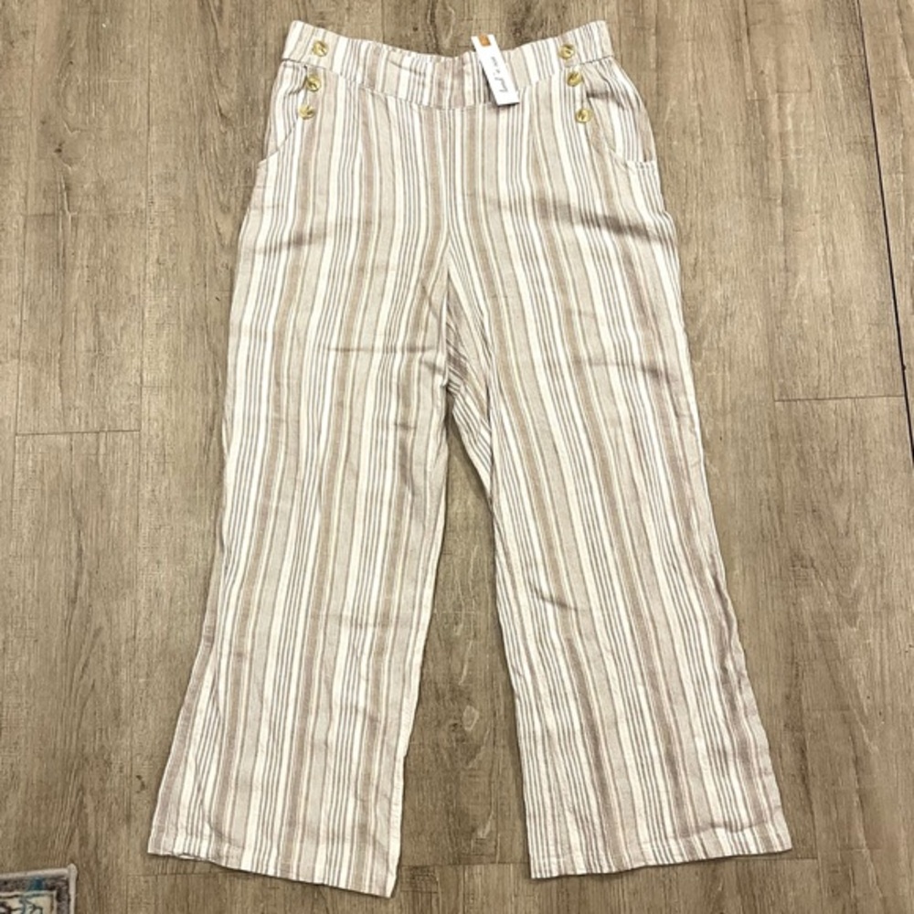NWT Land N Sea Linen Blend Striped Wide-Leg Pants with Button Accents Large